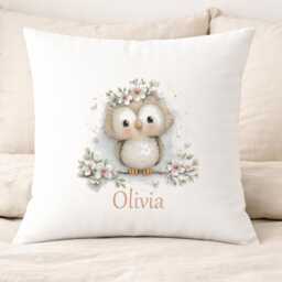 Personalised Owl Cushion Cover, Floral Bird Custom Name Nursery