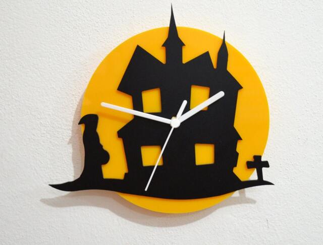 Halloween Haunted Mansion - Black & Yellow Silhouette Wall Clock - image 1