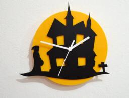 Halloween Haunted Mansion - Black & Yellow Silhouette Wall Clock - thumbnail 1