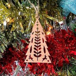 Folk Christmas Tree Decoration - Wooden Xmas Ornament in Oak, Walnut Cherry Wood Or Silver Gold Red Green Glitter