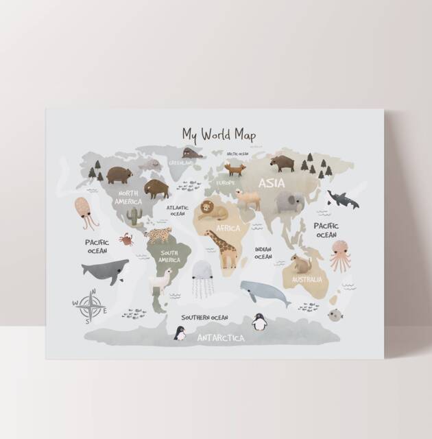 World Map Print, Animal Map, Kids Poster, Scandi Decor, Educational Playroom Prints, Wall Art - image 1