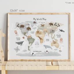 World Map Print, Animal Map, Kids Poster, Scandi Decor, Educational Playroom Prints, Wall Art - thumbnail 2