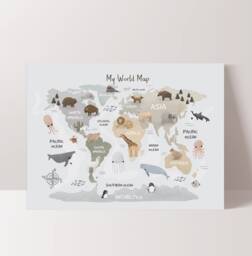 World Map Print, Animal Map, Kids Poster, Scandi Decor, Educational Playroom Prints, Wall Art - thumbnail 1