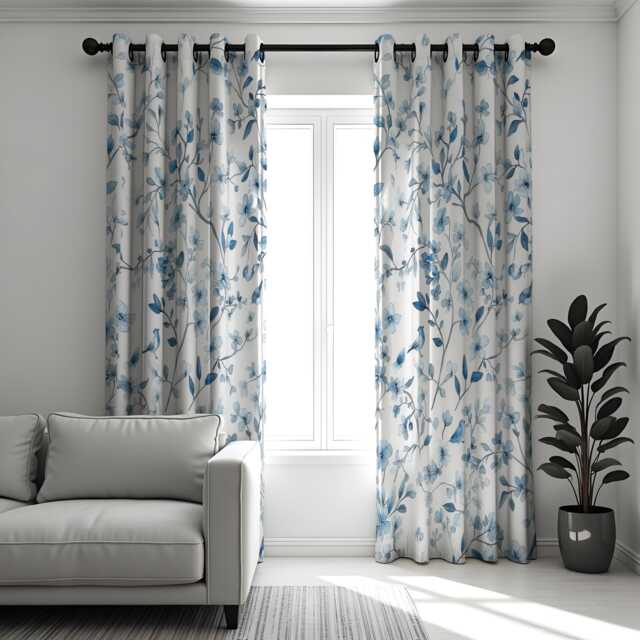 Blue Floral Curtains, White Botanical Design Country Style Drapes, Custom Made Eyelet Or Rod Pocket Panels - image 1