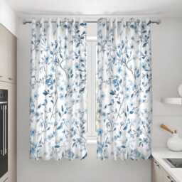 Blue Floral Curtains, White Botanical Design Country Style Drapes, Custom Made Eyelet Or Rod Pocket Panels - thumbnail 3