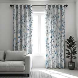 Blue Floral Curtains, White Botanical Design Country Style Drapes, Custom Made Eyelet Or Rod Pocket Panels