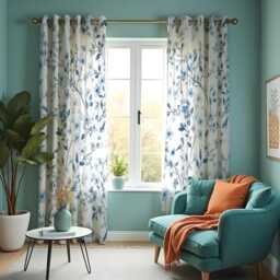 Blue Floral Curtains, White Botanical Design Country Style Drapes, Custom Made Eyelet Or Rod Pocket Panels - thumbnail 4