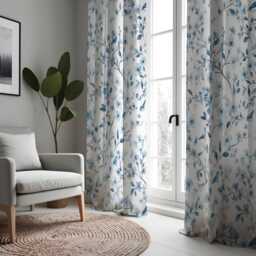 Blue Floral Curtains, White Botanical Design Country Style Drapes, Custom Made Eyelet Or Rod Pocket Panels - thumbnail 2