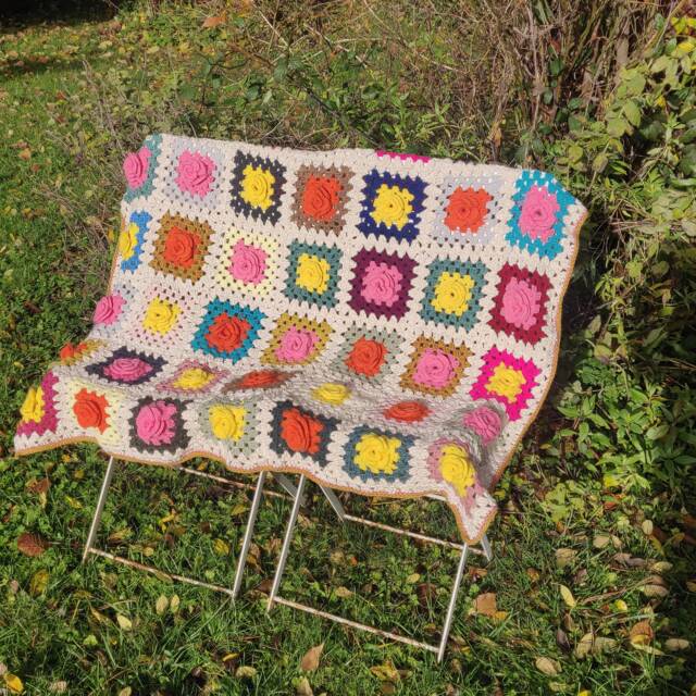 Little New Folk Art Crochet Afghan Blanket, Mesange, Handmade, Ecru Edges, Multicolored Granny Squares, Crocheted Flowers - image 1