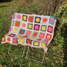 Little New Folk Art Crochet Afghan Blanket, Mesange, Handmade, Ecru Edges, Multicolored Granny Squares, Crocheted Flowers - thumbnail 1