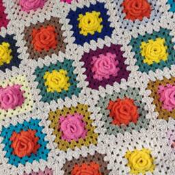 Little New Folk Art Crochet Afghan Blanket, Mesange, Handmade, Ecru Edges, Multicolored Granny Squares, Crocheted Flowers - thumbnail 2