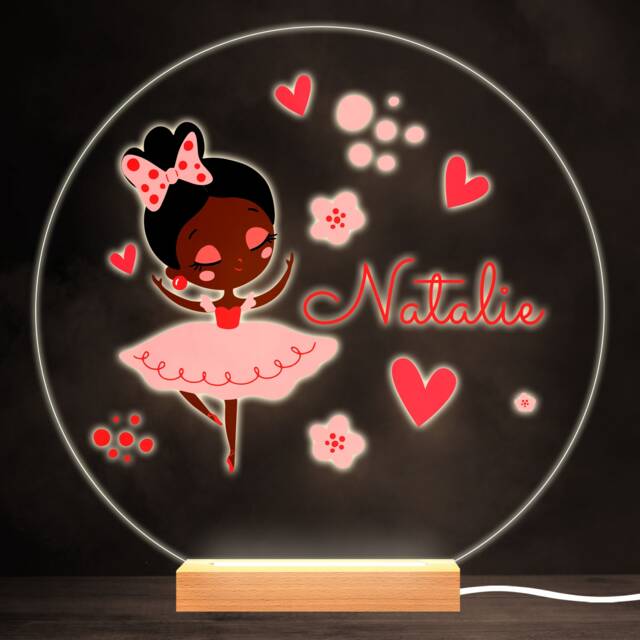 Ballet Ballerina Dark Skin Black Hair Girl Round Personalised Gift Night Light - Bedroom Lamp - image 1