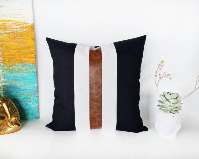 Color Block Pillow Cover Faux Leather, Linen, Modern Scandinavian - image 1