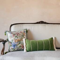 Floral Bird Pillow Cover, Chenille Cushion With Tassels, Green Velvet Lumbar - thumbnail 1
