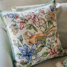 Floral Bird Pillow Cover, Chenille Cushion With Tassels, Green Velvet Lumbar - thumbnail 3
