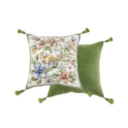 Floral Bird Pillow Cover, Chenille Cushion With Tassels, Green Velvet Lumbar - thumbnail 4
