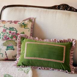 Floral Bird Pillow Cover, Chenille Cushion With Tassels, Green Velvet Lumbar - thumbnail 2