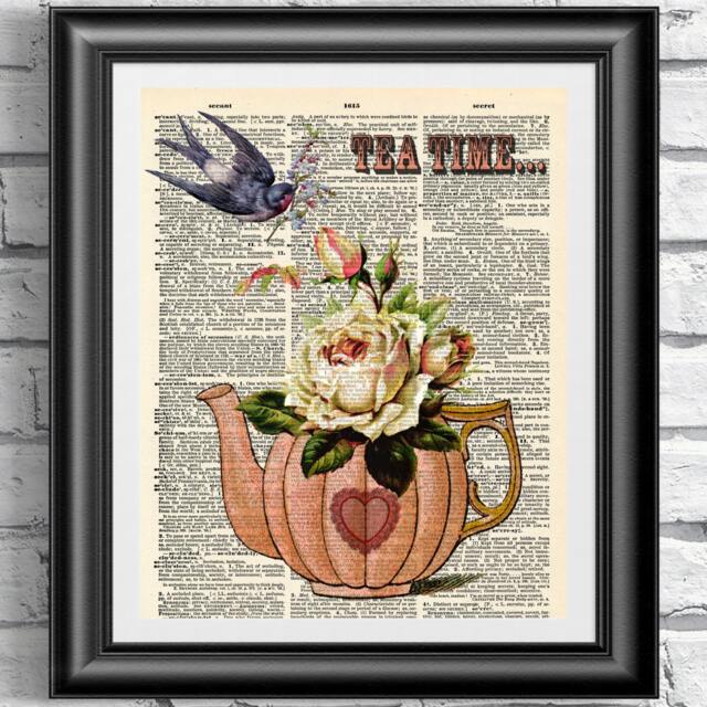 Tea Time Dictionary Art Print Vintage Teapot & Roses On Antique Book Page - image 1