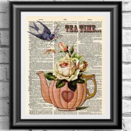 Tea Time Dictionary Art Print Vintage Teapot & Roses On Antique Book Page - thumbnail 1