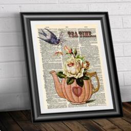 Tea Time Dictionary Art Print Vintage Teapot & Roses On Antique Book Page - thumbnail 2