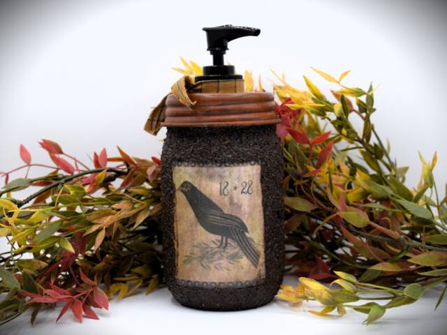Grubby Soap Dispenser, Mason Jar Pump, Folk Art Crow Bathroom Primitive Home Decor, Country Decor - image 1