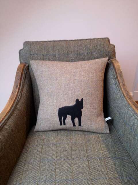 Harris Tweed Black French Bulldog Embroidered Cushion Cover - image 1