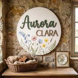 Personalized Wildflower Nursery Name Sign, Floral Baby Girl Room Decor, Round Wooden Plaque, Boho Wall Art - thumbnail 1