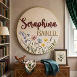 Personalized Wildflower Nursery Name Sign, Floral Baby Girl Room Decor, Round Wooden Plaque, Boho Wall Art - thumbnail 3