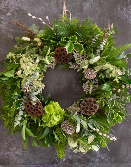 Christmas Wreath Making Kit. Festive Holiday Door Wreath. Workshop in A Box Including Fresh Greenery, Pine Cones & Instructions - #i - image 1