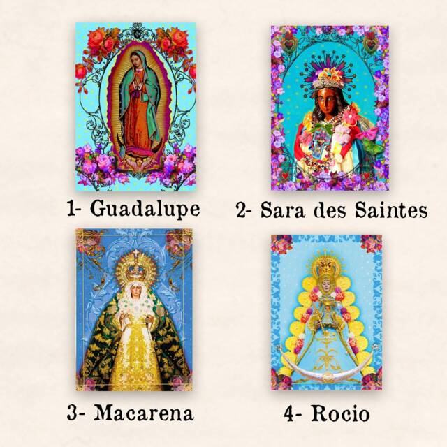 Poster Of The Blessed Virgin Guadalupe Fleurie - Religious Icon Mexican Auctioneer Madonna in Exotic Colors Surrounded By Flowers - image 1