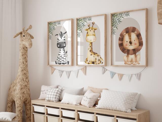 Safari Giraffe Lion Zebra Animal Baby Girls Boys A4 Or A3 Nursery Set Of Unframed Prints Unisex Neutral Boho Beige Green Jungle - image 1
