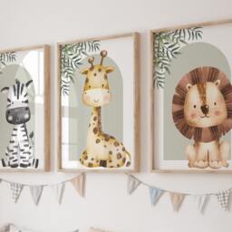 Safari Giraffe Lion Zebra Animal Baby Girls Boys A4 Or A3 Nursery Set Of Unframed Prints Unisex Neutral Boho Beige Green Jungle - thumbnail 3