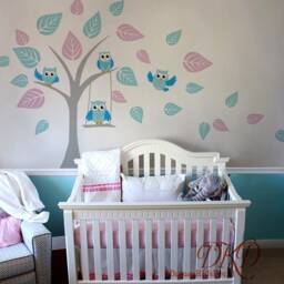 Nursery Wall Decals Sticker-Owl At Tree Decal, Swing Owls Animals Vinyl Wall Decal With Owls-Dk415 - thumbnail 2