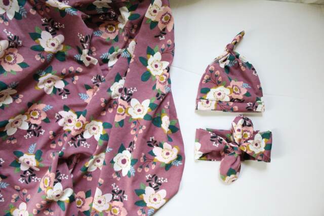 Plum Floral Swaddle Set, Rosette Blanket, Spring Baby, Headband & Hat Nursing Cover, Baby Girl Cream, Teal, Purple - image 1