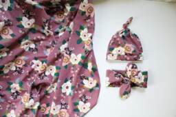 Plum Floral Swaddle Set, Rosette Blanket, Spring Baby, Headband & Hat Nursing Cover, Baby Girl Cream, Teal, Purple