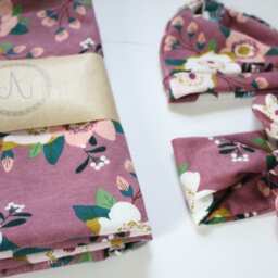 Plum Floral Swaddle Set, Rosette Blanket, Spring Baby, Headband & Hat Nursing Cover, Baby Girl Cream, Teal, Purple - thumbnail 3