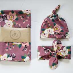 Plum Floral Swaddle Set, Rosette Blanket, Spring Baby, Headband & Hat Nursing Cover, Baby Girl Cream, Teal, Purple - thumbnail 2