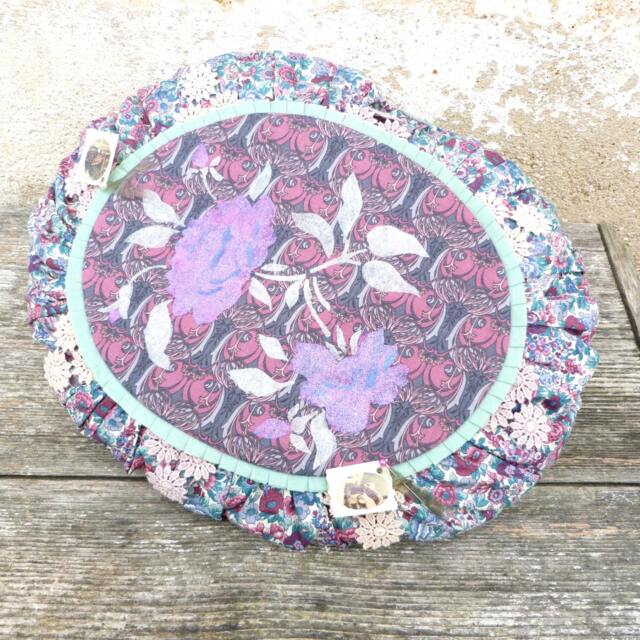 Handmade By Me Hand Painted Liberty Cotton + Velvet Pillow Adorned With Pleated Aqua Green Ruffle - image 1