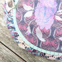 Handmade By Me Hand Painted Liberty Cotton + Velvet Pillow Adorned With Pleated Aqua Green Ruffle - thumbnail 3