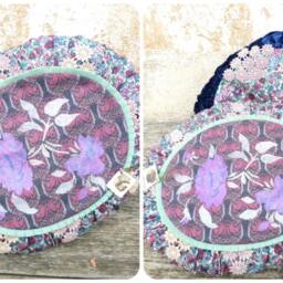 Handmade By Me Hand Painted Liberty Cotton + Velvet Pillow Adorned With Pleated Aqua Green Ruffle - thumbnail 2