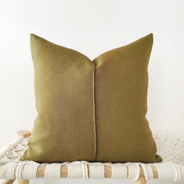 Hand-stitched Olive Green Linen Pillow Cover - Earth Tone Cushion in Heavyweight Fabric - image 1