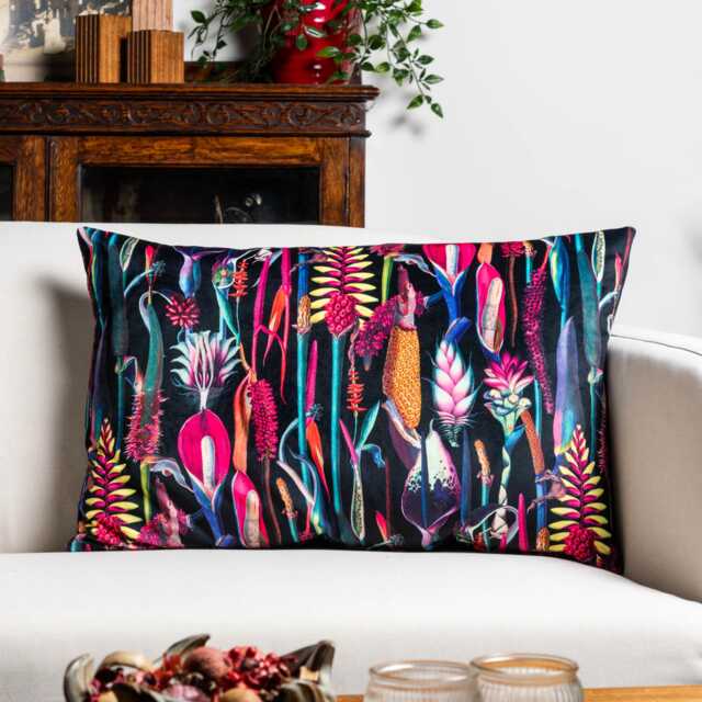 Midnight Garden Velvet Xl Rectangular Cushion. Bright Jeweled Neon Florals. Soft Chenille. 23X15 - image 1