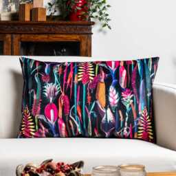 Midnight Garden Velvet Xl Rectangular Cushion. Bright Jeweled Neon Florals. Soft Chenille. 23X15 - thumbnail 1
