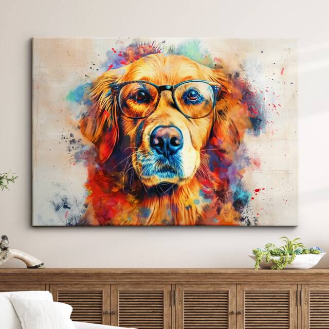 Golden Retriever Wearing Glasses Painting Framed Poster Print & Canvas Wall Decor Art Home Living Room Dog Gift Idea Pet - image 1