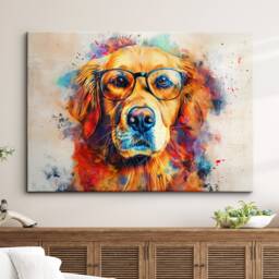 Golden Retriever Wearing Glasses Painting Framed Poster Print & Canvas Wall Decor Art Home Living Room Dog Gift Idea Pet - thumbnail 1