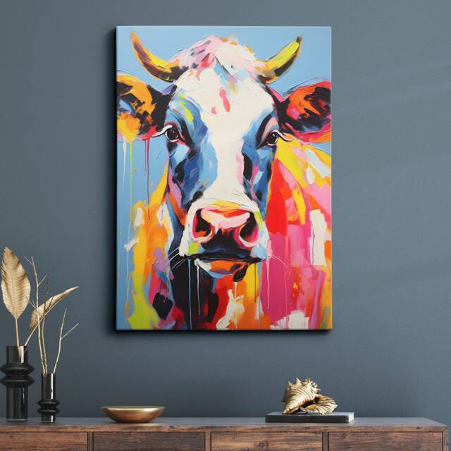 Colorful Cow Animal Abstract Oil Painting Splatter Style Wall Art, Framed Canvas Poster Print, Home Kitchen Office Room Decor, Gifts - image 1