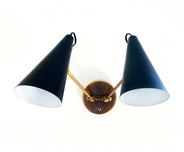 Mid Century Modern Brass Double Wall Sconce - Adjustable Cone Lamp - image 1