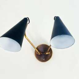 Mid Century Modern Brass Double Wall Sconce - Adjustable Cone Lamp - thumbnail 3