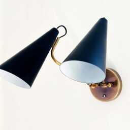 Mid Century Modern Brass Double Wall Sconce - Adjustable Cone Lamp - thumbnail 2