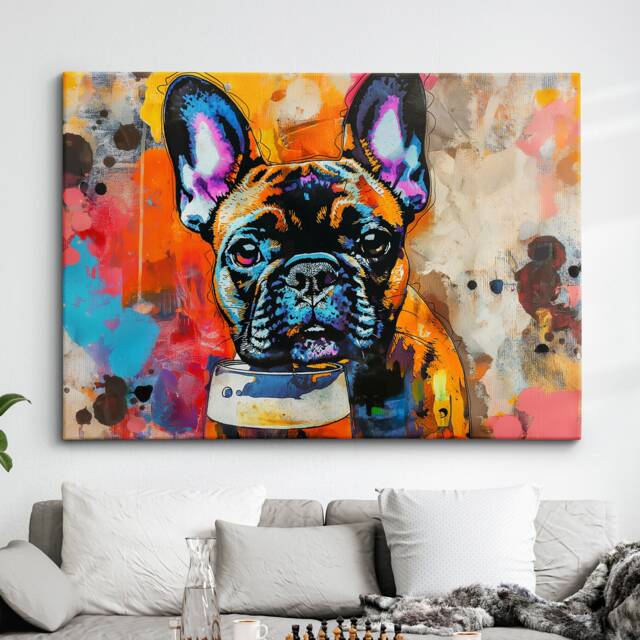 French Bulldog Beer Glass Painting Framed Poster Print & Canvas Wall Decor Art Bar Kitchen Room Dog Gift Idea Pet - image 1
